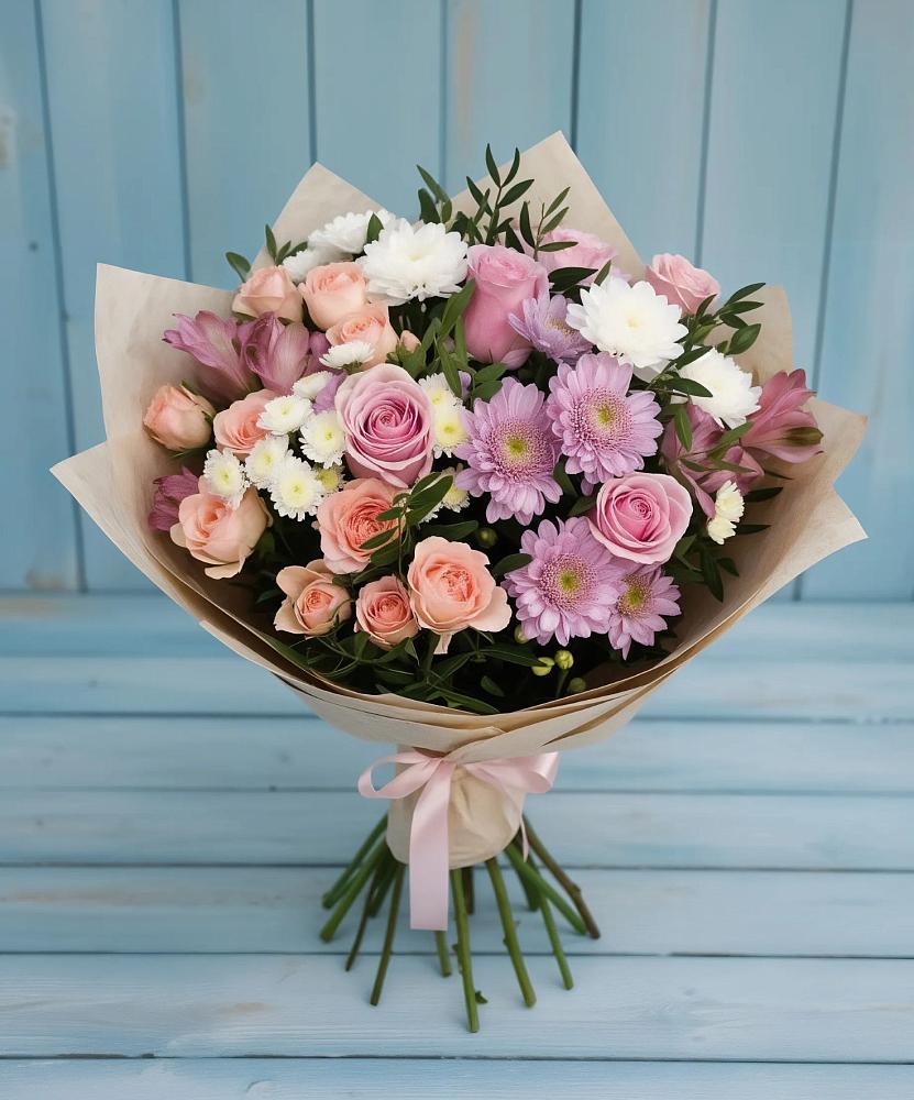 Букет цветов из: Хризантемы, Розы и Альстромерии в Староджерелиевской