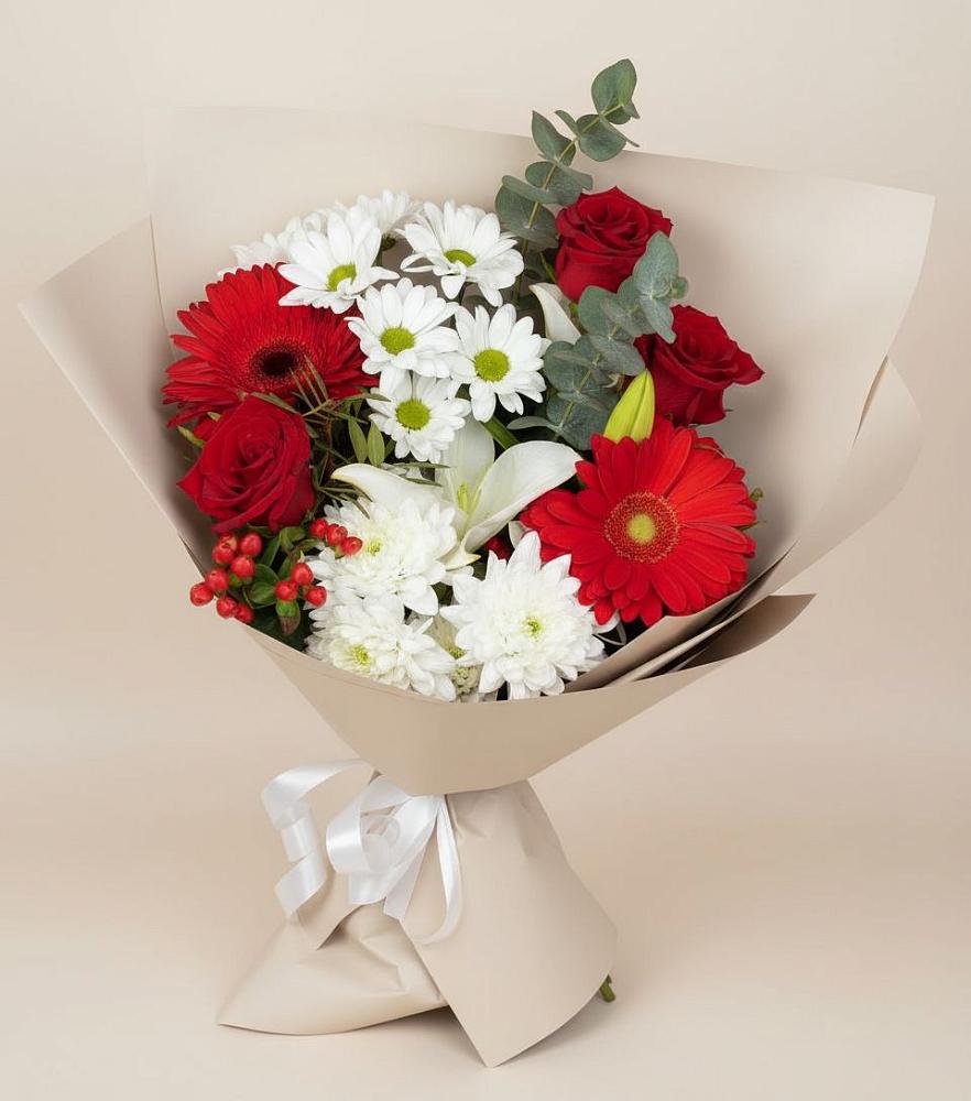 Букет цветов из: Розы, Хризантемы, Герберы и Лилии в Староджерелиевской