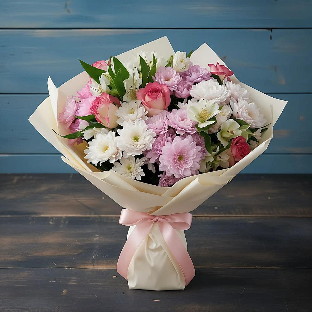 Букет цветов из: Хризантемы, Альстромерии и Розы в Староджерелиевской